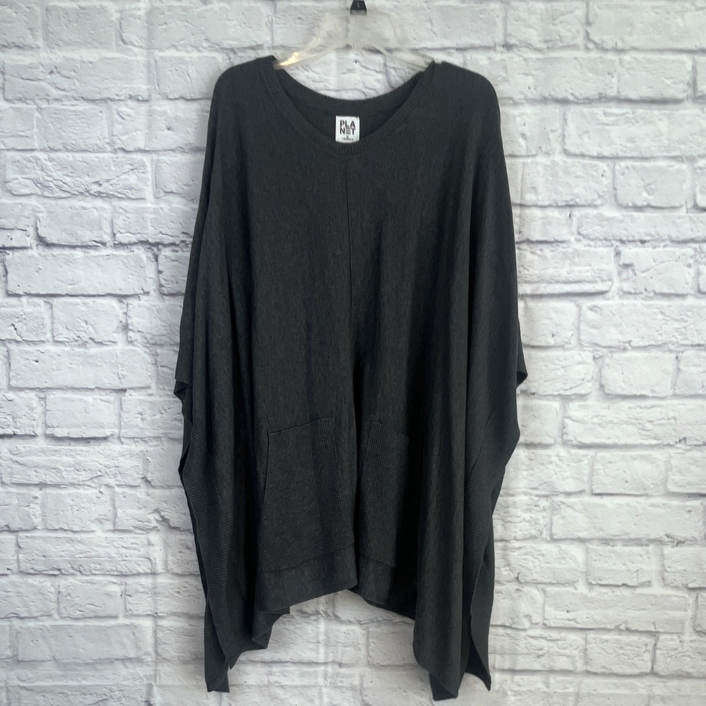 Planet by Lauren G Gray Knit Poncho Style Tunic One Size Preppy Minimalist